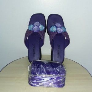 Womens Purple SANDALS  Sz 7 & Make up Bag Silk Flower Shoes Beach Pool Party Set